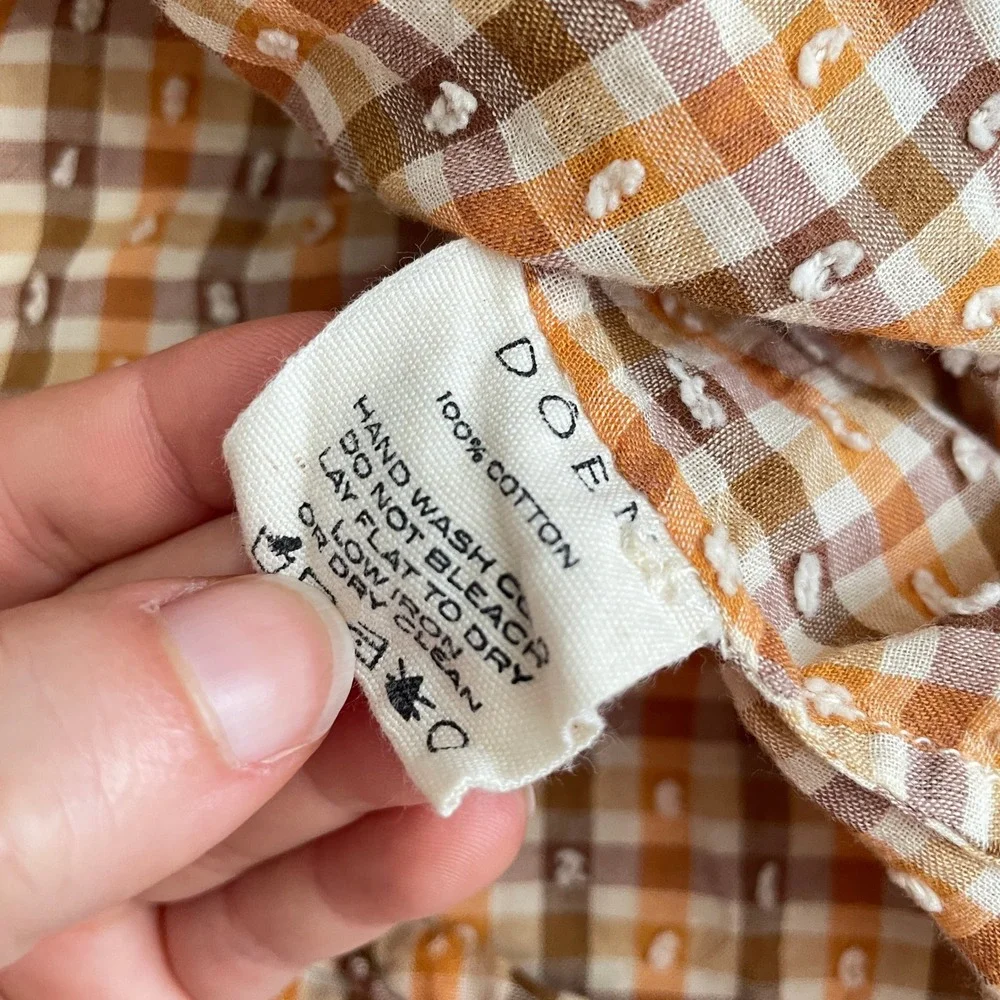 Doen The Jane Blouse Orange Meringue Plaid Clip Dot Cotton Button Top Size XS